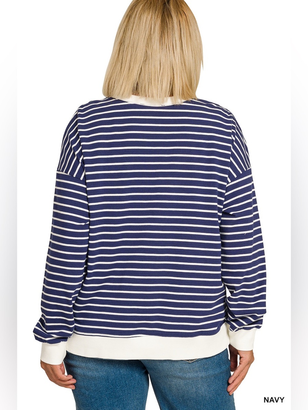 Zenana PLUS Navy Striped Rib Banded Pullover - Picture 2 of 2